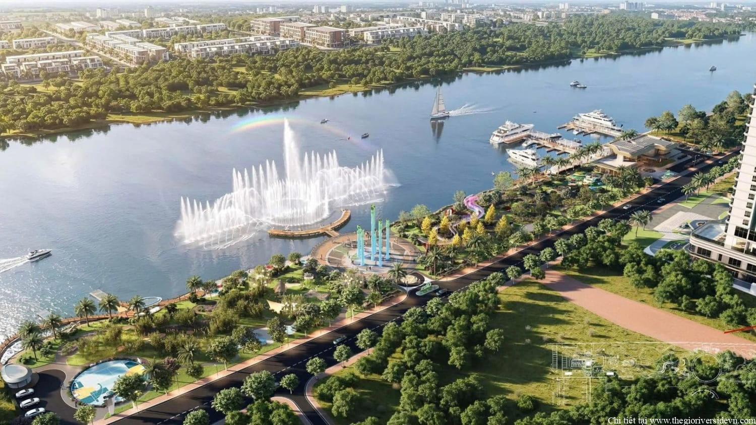 Cận cảnh khu Quảng trường nhạc nước và bến du thuyền ven sông thuộc dự án The Emerald River Park, chi tiết cảnh quan và kiến trúc