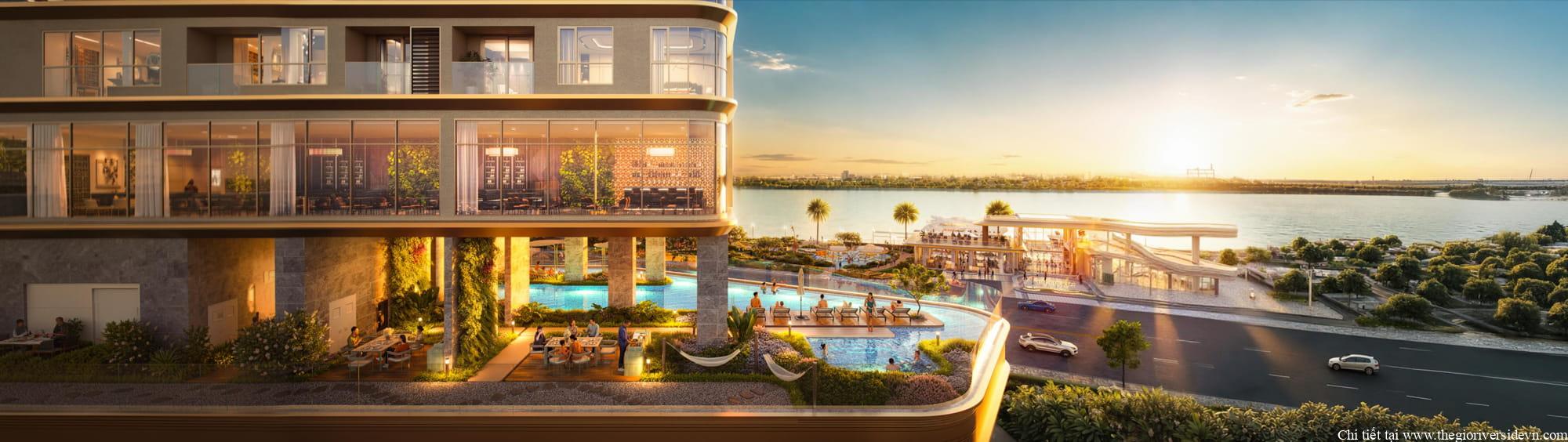 Cụm tiện ích BBQ và hồ bơi tại The Emerald River Park nhìn ra sông lớn, không gian thư giãn, yên bình