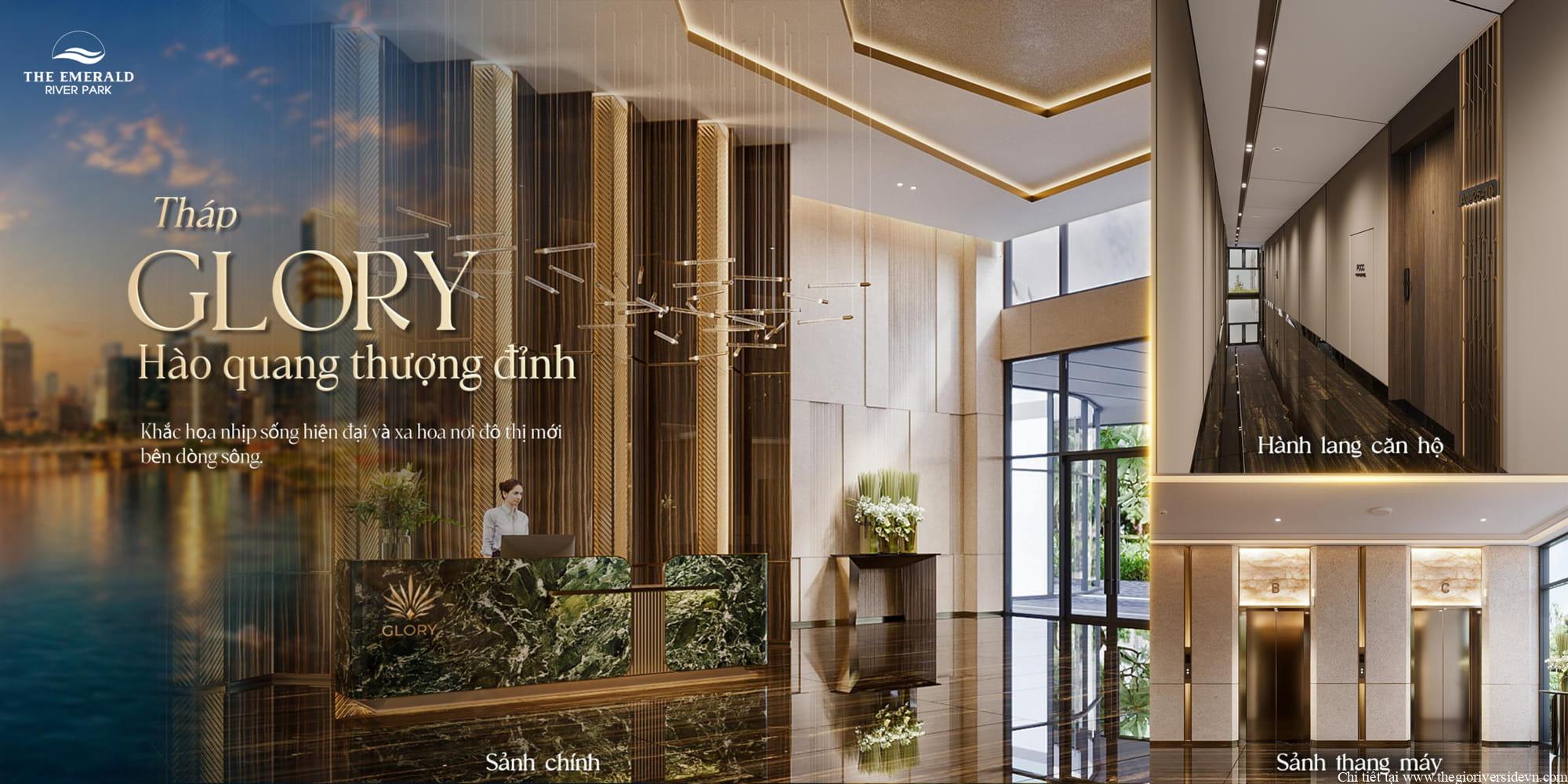 Không gian nội thất sảnh chính, hành lang căn hộ và khu vực sảnh thang máy thuộc Tháp Glory The Emerald River Park