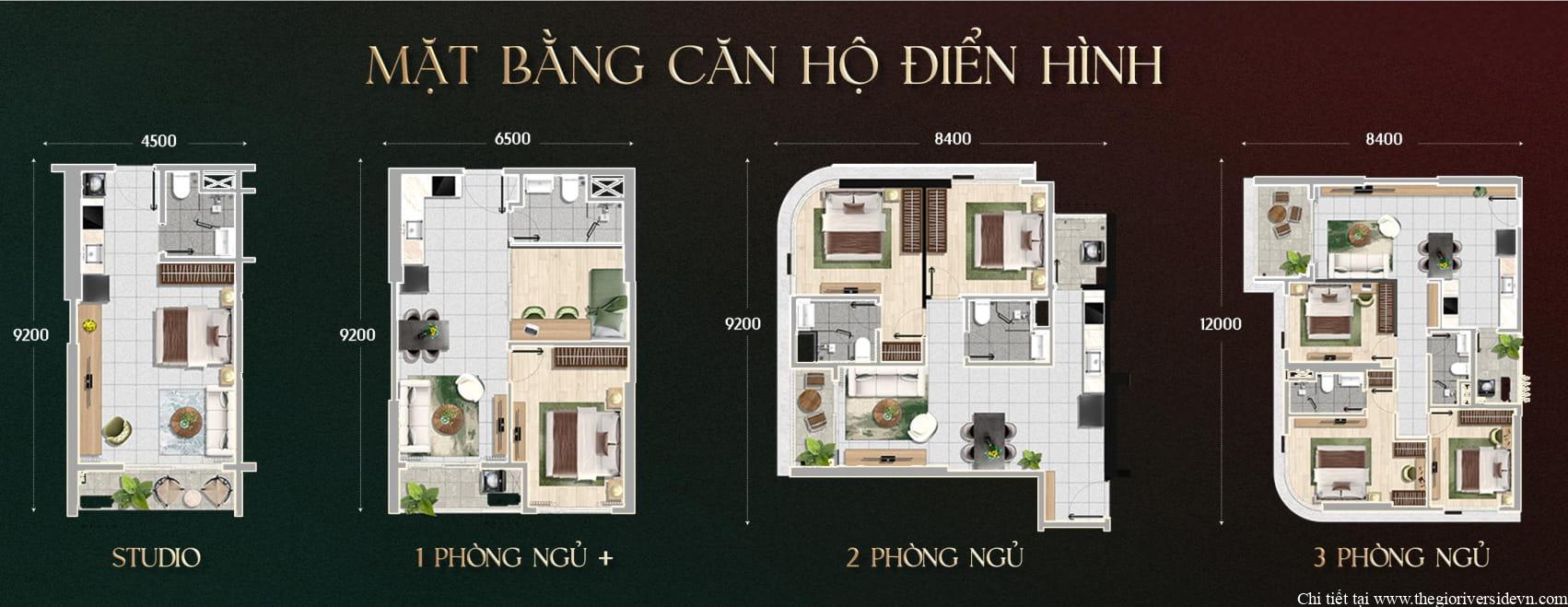 Mặt bằng chi tiết căn hộ mẫu The Emerald River Park, mô tả bố trí các phòng và kích thước cơ bản
