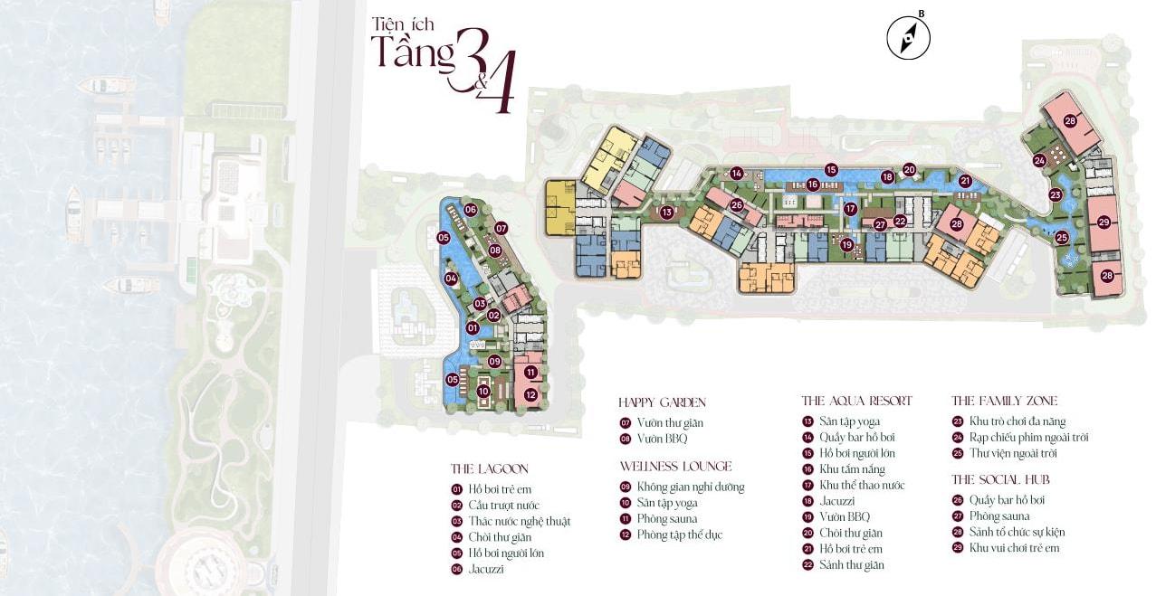 Mặt bằng chi tiết tiện ích tầng 3 và tầng 4 The Emerald River Park, thể hiện bố trí các hạng mục chức năng