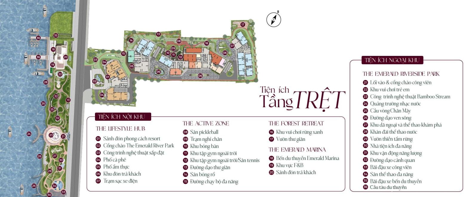 Mặt bằng tầng trệt thể hiện chi tiết tiện ích The Emerald River Park, bố trí khu chức năng, lối đi và sinh hoạt chung