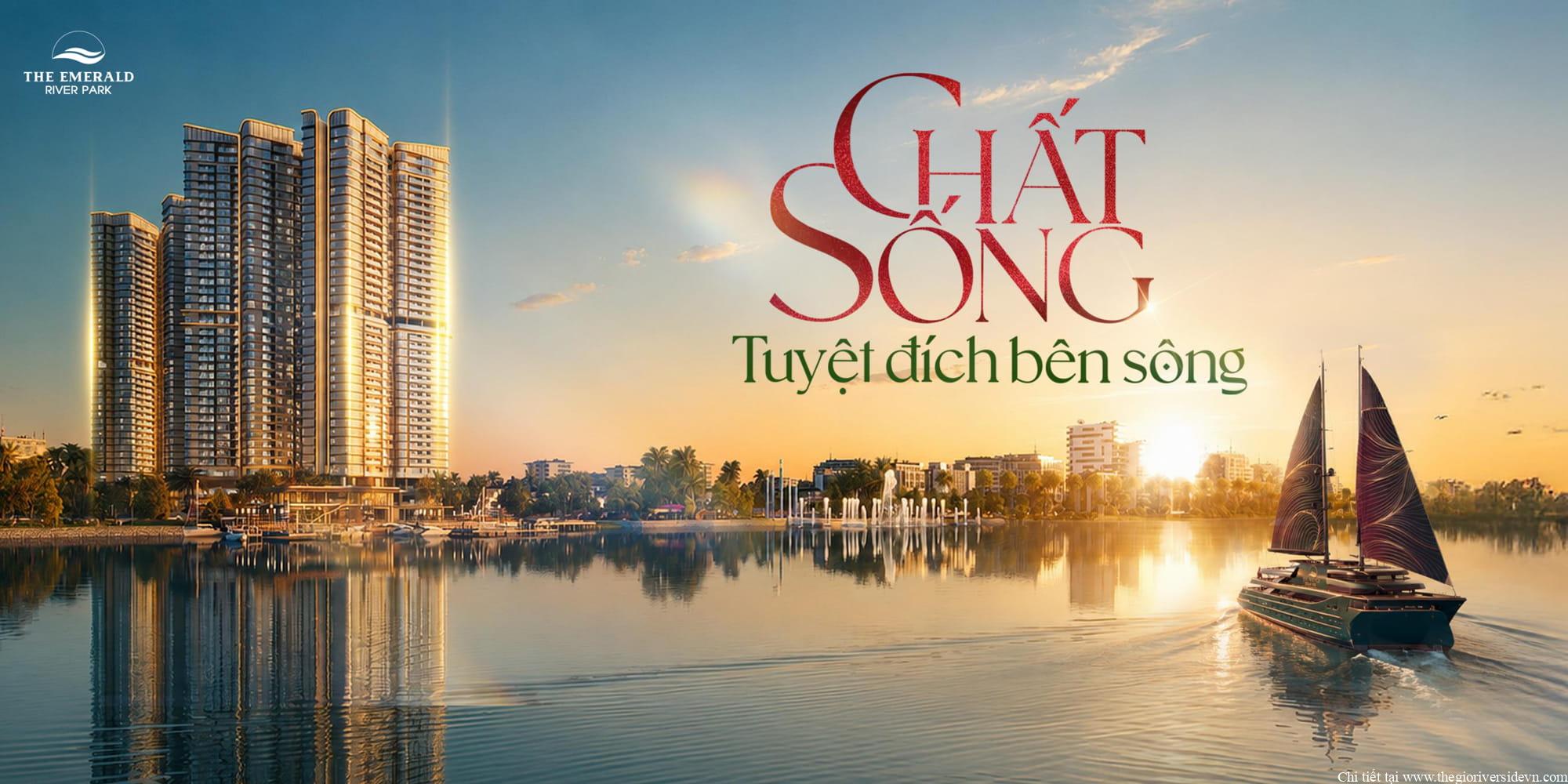 Phối cảnh The Emerald River Park ven sông gồm năm tòa tháp căn hộ cao tầng và bến du thuyền, thể hiện lối sống ven sông