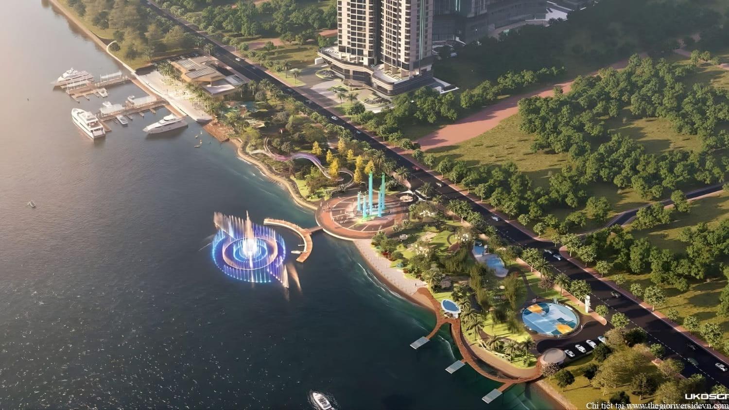 Phối cảnh tiện ích ven sông The Emerald River Park với bến du thuyền, quảng trường nhạc nước và không gian công viên
