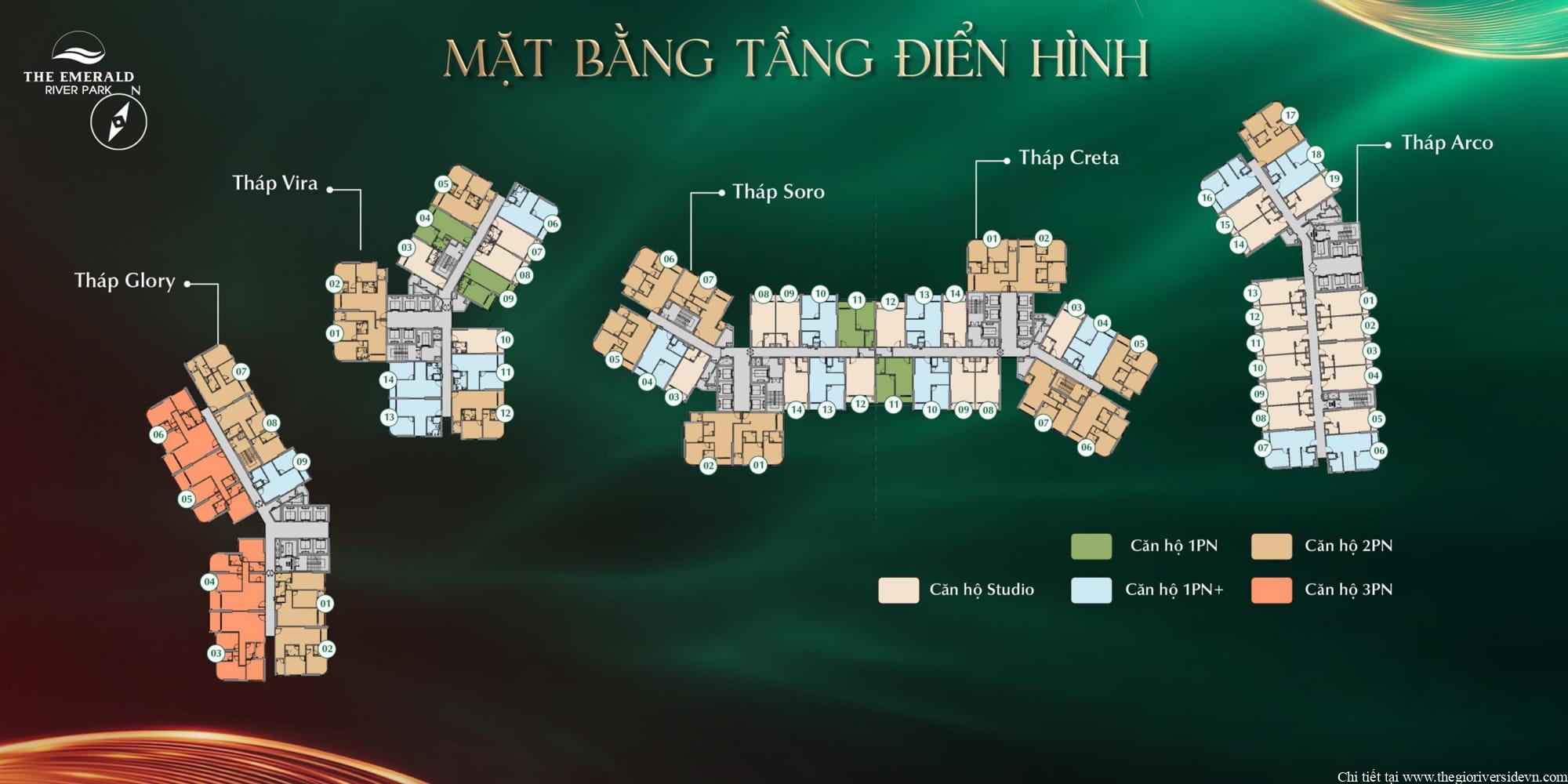 Sơ đồ mặt bằng tầng điển hình tại The Emerald River Park, thể hiện bố cục chung căn hộ và lối giao thông nội bộ