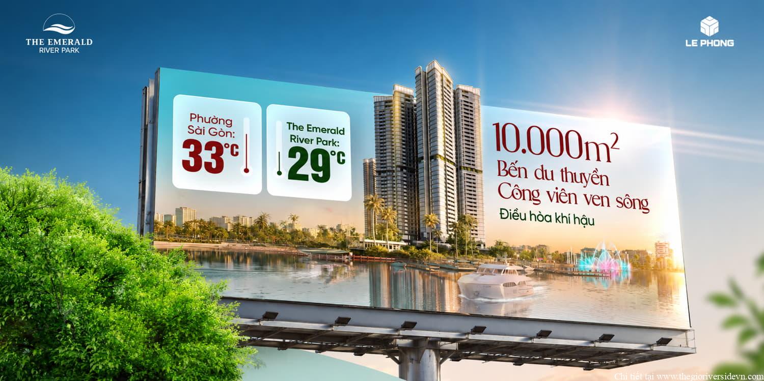 The Emerald River Park có bến du thuyền rộng 10.000 m2 và công viên ven sông thiết kế điều hòa khí hậu, không gian xanh
