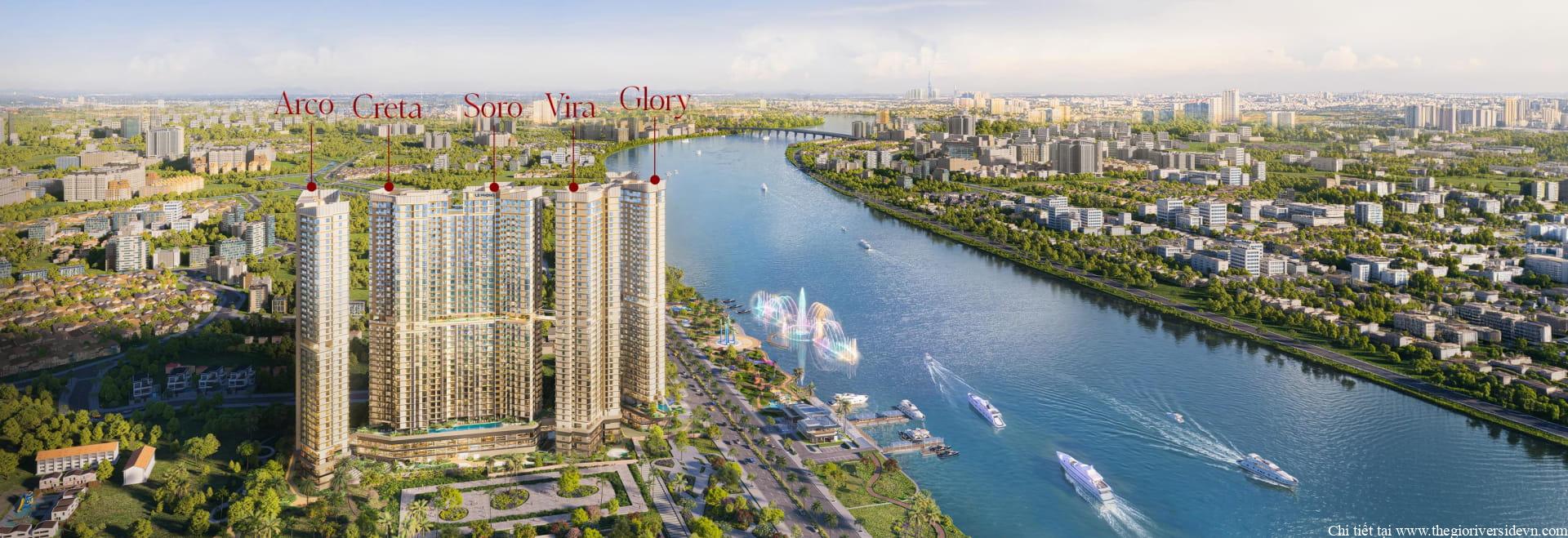 The Emerald River Park nhìn ra sông, gồm năm tòa tháp mang tên Arco, Creta, Soro, Vira và Glory, được đặt tên như trên