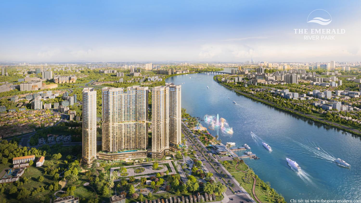 The Emerald River Park trải dài bên sông lớn, tập trung cảnh quan quanh quảng trường nhạc nước và khu bến du thuyền