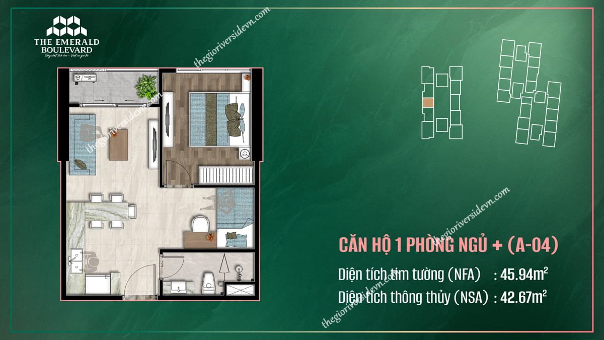 Thiết Kế Căn Hộ 1PN Plus A-04 The Emerald Boulevard