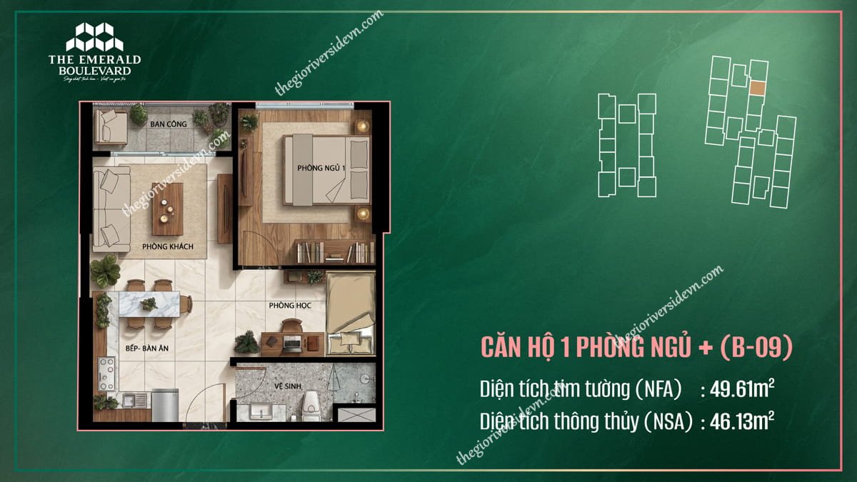 Thiết Kế Căn Hộ 1PN Plus B-09 The Emerald Boulevard