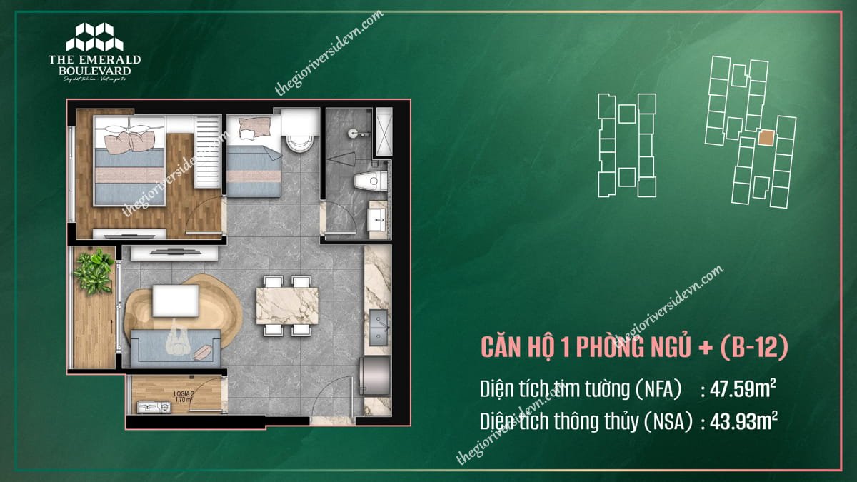 Thiết Kế Căn Hộ 1PN Plus B-12 The Emerald Boulevard