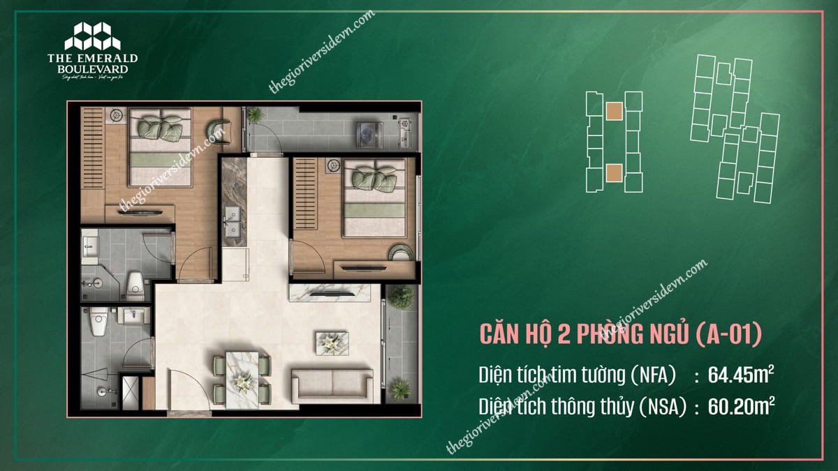 Thiết Kế Căn Hộ 2PN A-01 The Emerald Boulevard