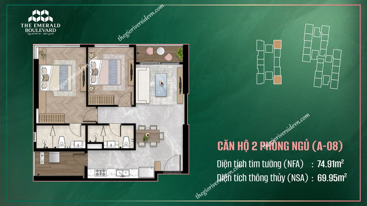 Thiết Kế Căn Hộ 2PN A-08 The Emerald Boulevard