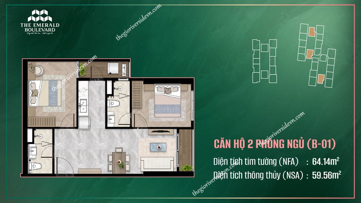Thiết Kế Căn Hộ 2PN B-01 The Emerald Boulevard