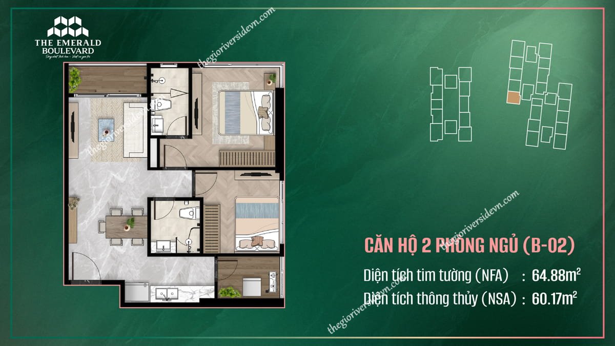 Thiết Kế Căn Hộ 2PN B-02 The Emerald Boulevard