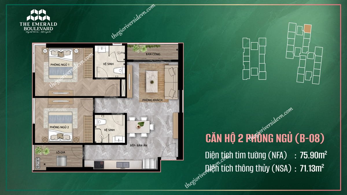 Thiết Kế Căn Hộ 2PN B-08 The Emerald Boulevard