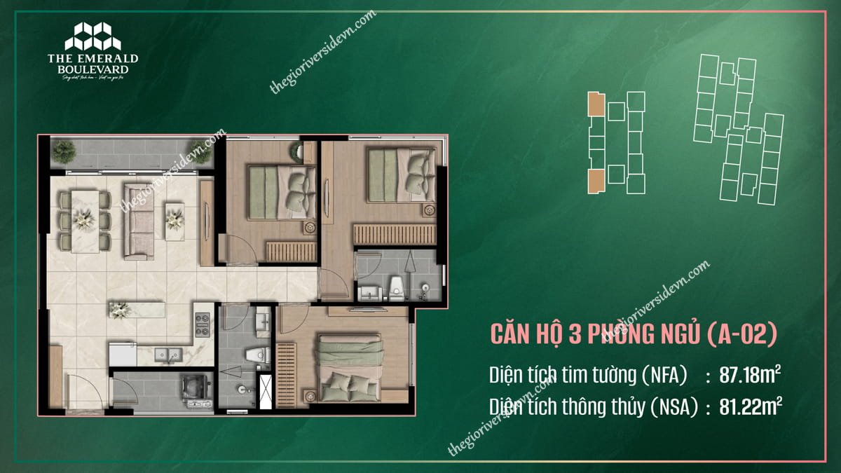 Thiết Kế Căn Hộ 3PN A-02 The Emerald Boulevard