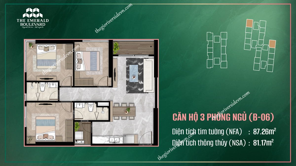 Thiết Kế Căn Hộ 3PN B-06 The Emerald Boulevard