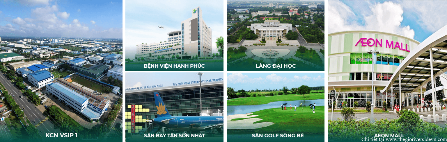 Tiện ích ngoại khu xung quanh dự án The Emerald River Park gồm công viên, khu mua sắm, trường học và kết nối giao thông