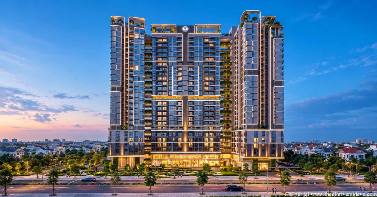 Tòa nhà Happy One Elite phối cảnh hiện đại, bố trí nhấn mạnh chiều cao 25 tầng cùng hình khối kiến trúc thanh thoát.