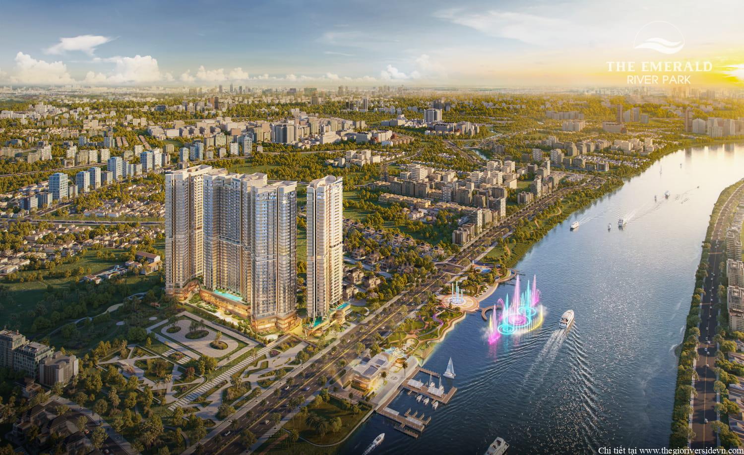 Toàn cảnh khu The Emerald River Park gồm bến du thuyền và quảng trường nhạc nước nằm sát bờ sông lớn, không gian công cộng