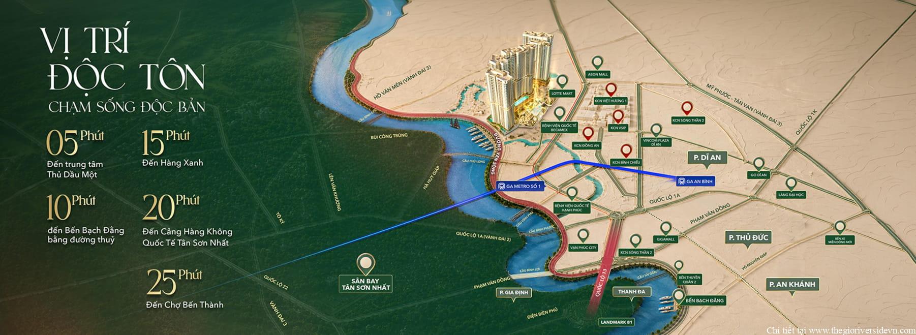 Vị trí The Emerald River Park hiển thị kết nối các tuyến giao thông và tiện ích xung quanh khu vực dự án